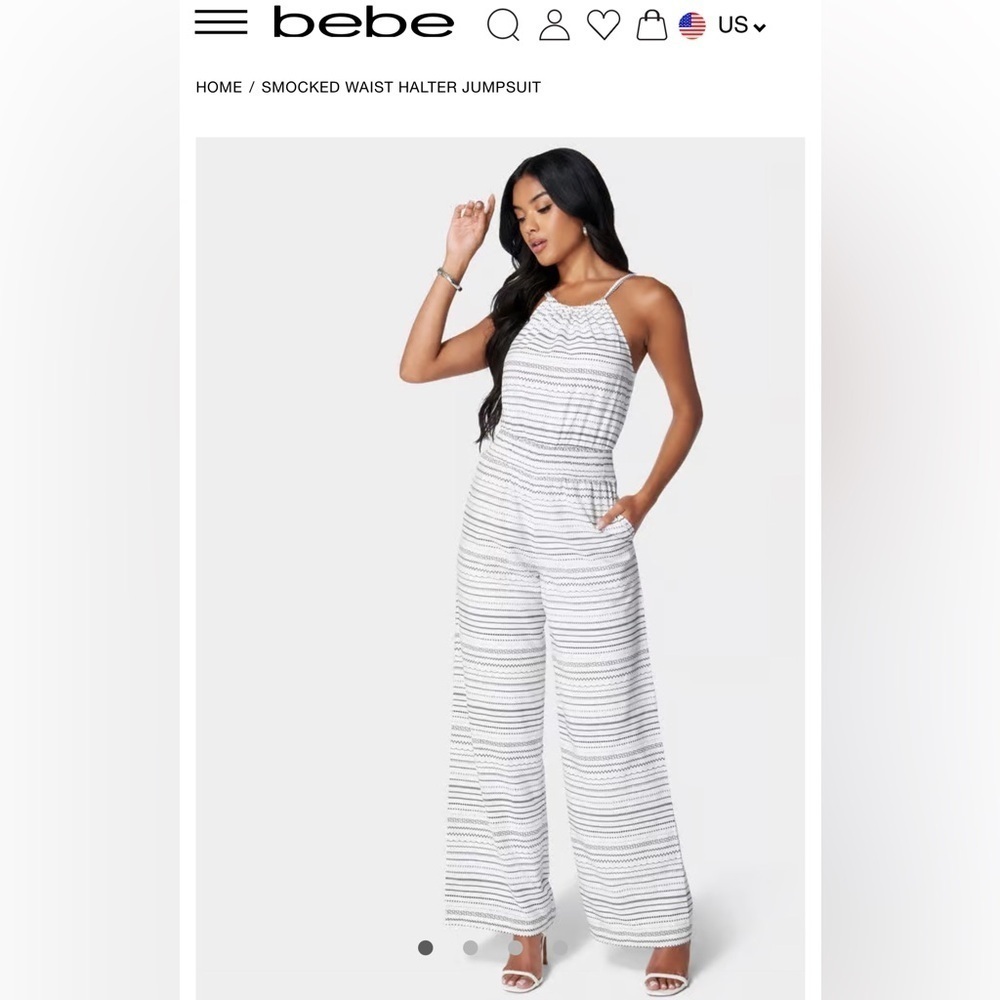 BEBE SMOCKED WAIST HALTER WHITE/BLACK JUMPSUIT SIZE S